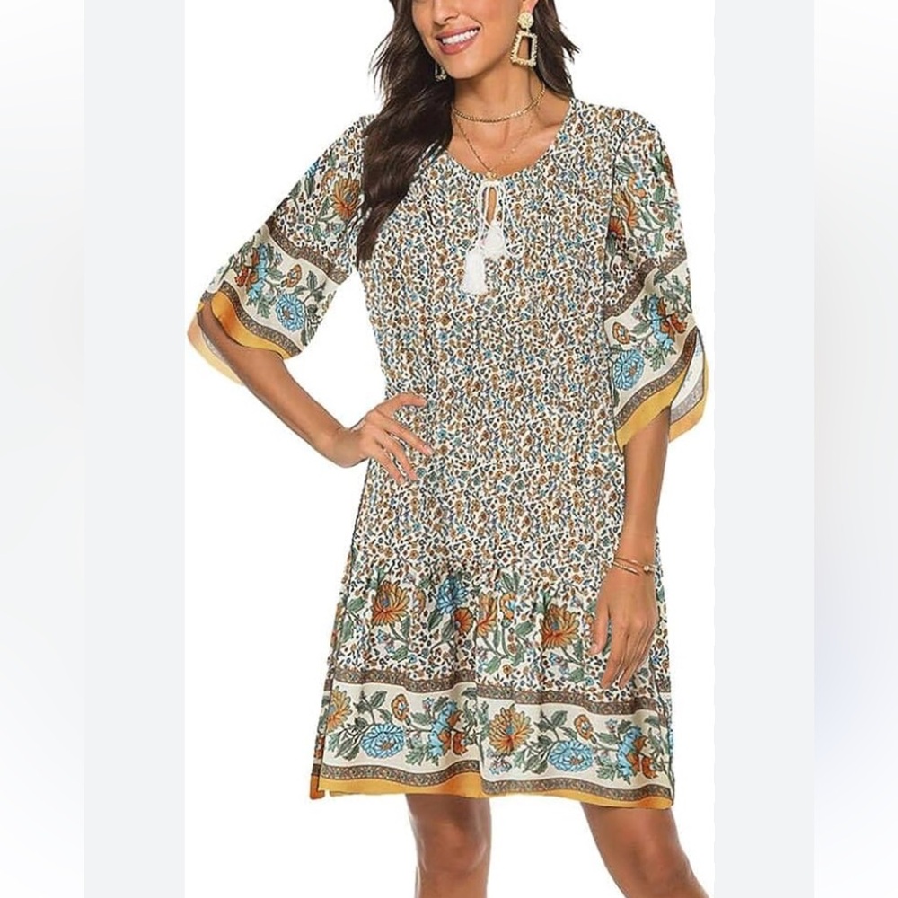 Blue and Green Midi Sundress with Bell Sleeves